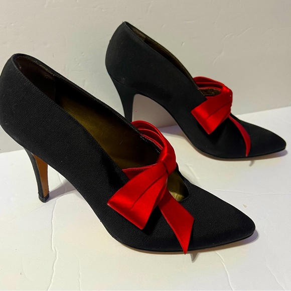 38 Yves Saint Laurent YSL Black Fabric /Leather Red Bow Pumps 8 •Vintage - Picture 2 of 15